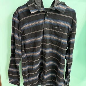 O'Neill Black and Blue Striped Button Up Shirt with Hood Men’s Size L